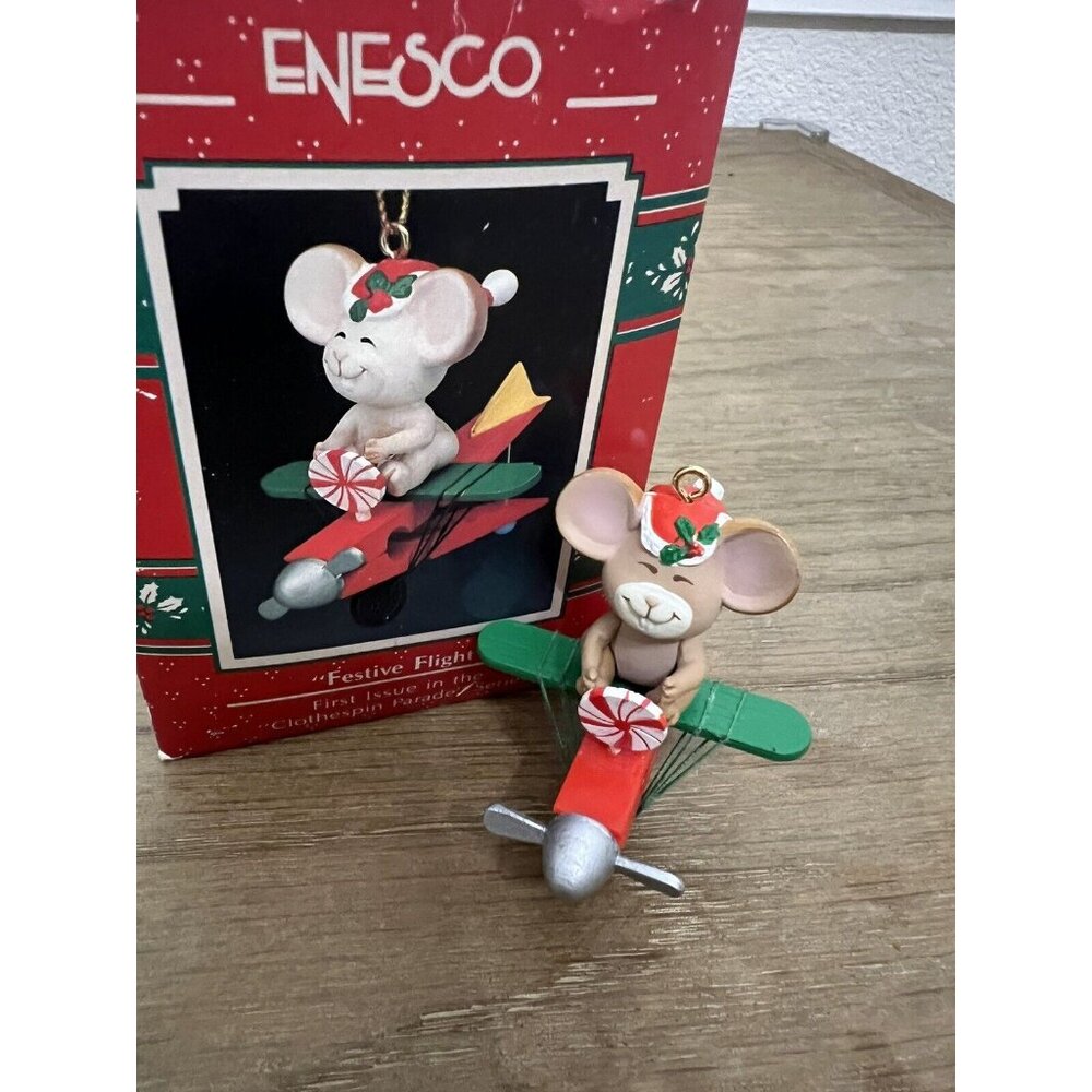 Enesco Christmas Ornament 1990 Festive Flight Mouse Airplane